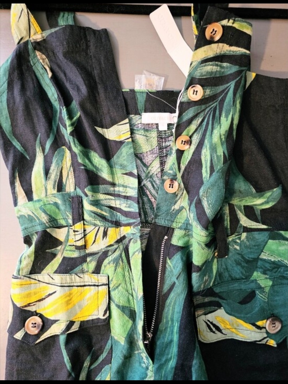 VICI Olivaceous Costa Tropical Print Romper NWT Small Black Green Leaf Print - Picture 6 of 9